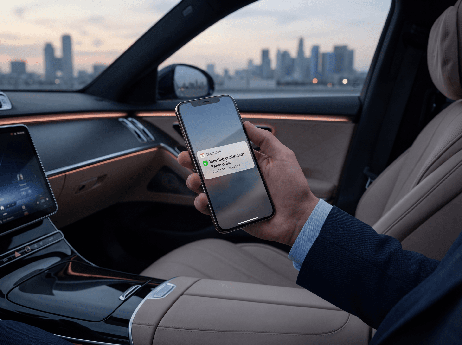 Calendar notification on a smartphone showing a confirmed meeting with Panasonic.